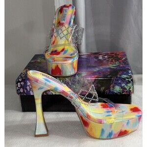Cape Robbin Rika Heels Sz 10 Rainbow Print Clear Strap Rhinestone Platform